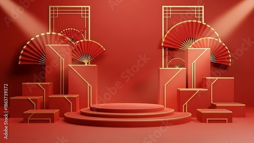 Elegant red stage with fans and geometric frames for event promotion