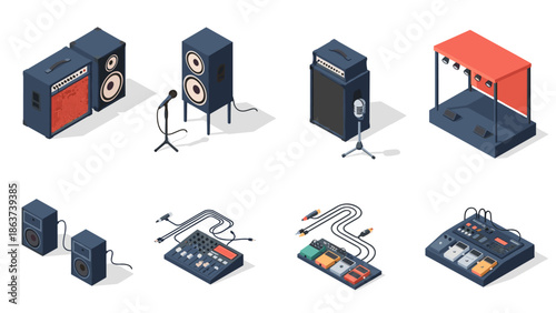 Isometric music equipment collection with amplifiers microphone stage setup