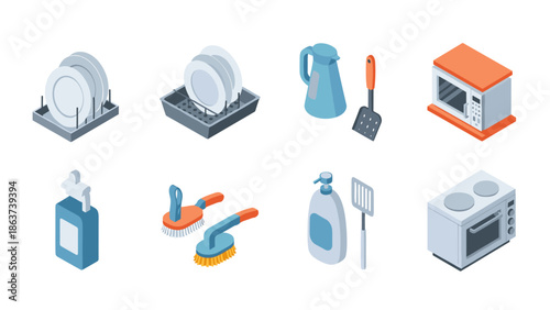 Isometric kitchen utensils and appliances collection for modern home design
