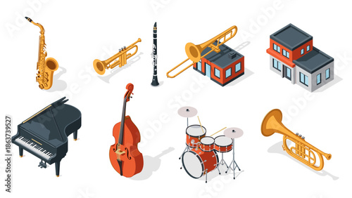 Isometric musical instruments and buildings collection in 3d style