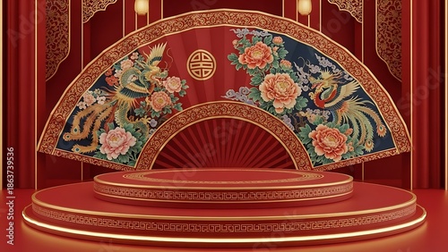 Elegant red stage with floral fan backdrop for celebratory event
