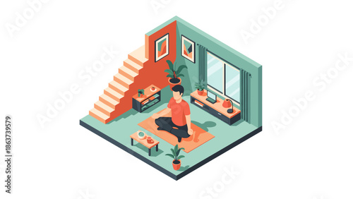 Cozy isometric living room with person meditating and indoor plants