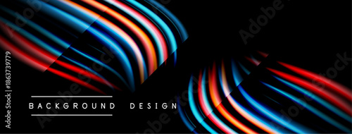 Abstract lines create dynamic shapes. Vivid colors contrast against dark background. Modern design element for digital projects.
