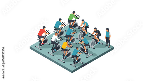 Isometric indoor cycling class with multiple participants and instructor