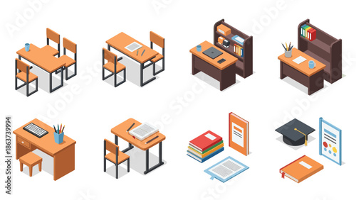 Isometric classroom desks and office furniture set with books and accessories