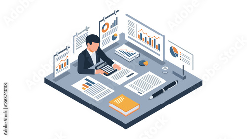 Business analysis in isometric office with graphs and reports