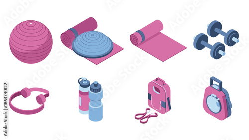 Fitness equipment essentials in modern isometric style for home and gym workouts