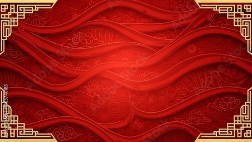 Elegant red wave pattern background with decorative golden frame design