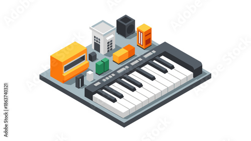 Isometric synthesizer cityscape with modern architecture and musical elements