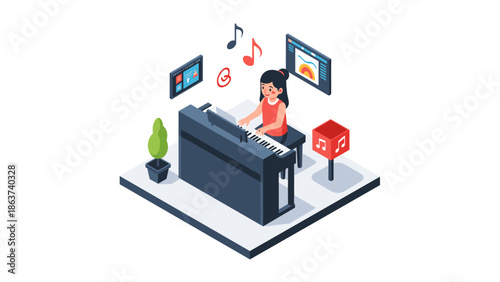 Woman playing piano in isometric music studio with digital displays and notation