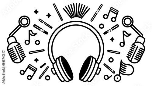 Vibrant music and makeup concept with headphones and microphones