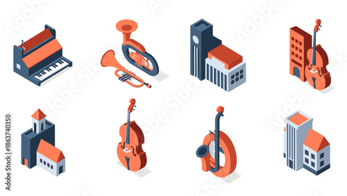 Musical instruments and buildings in modern isometric style