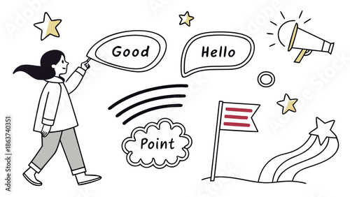 Woman communicating effectively with speech bubbles and megaphone