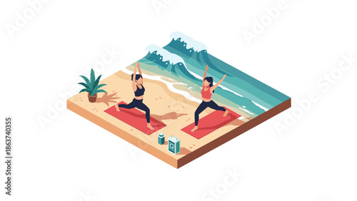 Isometric beach yoga scene with ocean waves and exercise mats