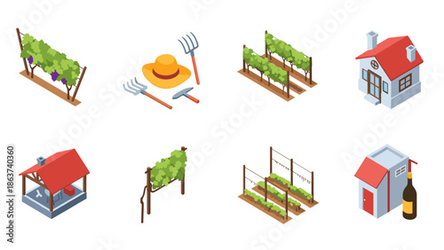 Isometric vineyard and farm elements: grapevines, tools, and buildings
