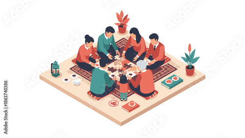 Family bonding over jigsaw puzzle in cozy isometric living room setting