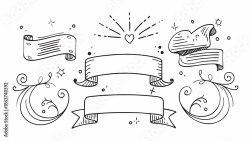 Hand drawn ribbons and banners with decorative elements