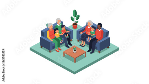 Multigenerational family relaxing in living room with children and grandparents