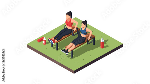 Isometric workout scene with two women exercising on outdoor benches