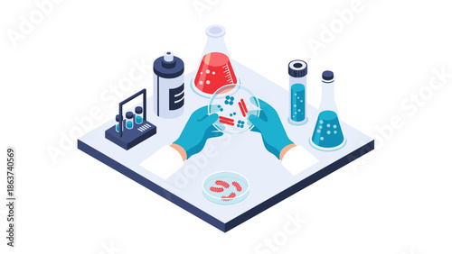 Isometric lab scene with scientist handling petri dishes in a modern laboratory
