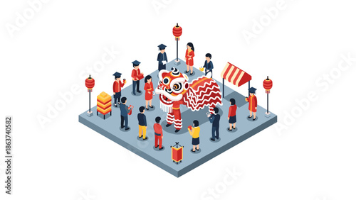 Isometric celebration of chinese new year with lion dance and graduates