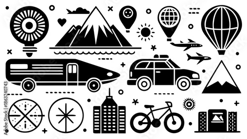 Travel and transportation icons in black and white
