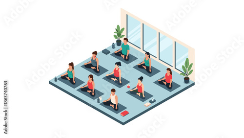 Isometric yoga class: group meditation in a modern studio setting with plants and mats