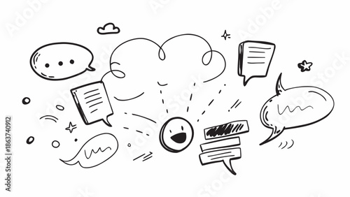 Stylized illustration of a joyful face surrounded by speech bubbles