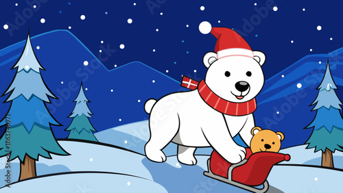 Smiling polar bear pulls friendly teddy bear on sleigh through snowy forest
