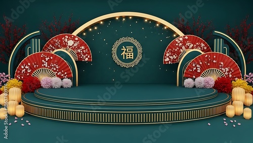 Elegant stage design with red fans and golden decorations for celebration