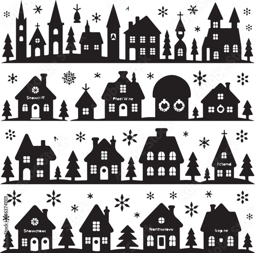 black and white illustration of a winter village with houses and trees