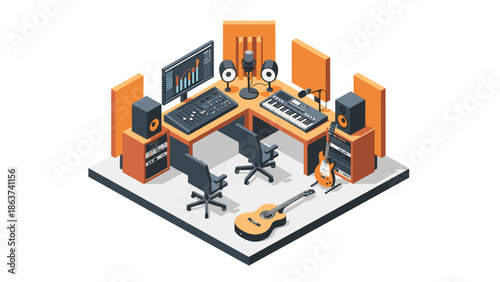 Modern isometric music studio setup with instruments and equipment
