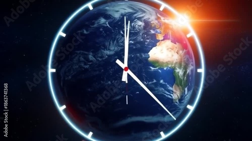 Planet Earth in space, with clock hands rotating around it. Footage about time, science, or conspiracy theories