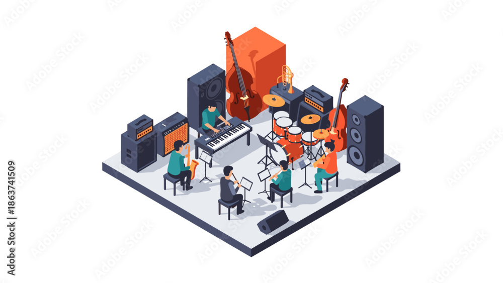 Obraz premium Isometric music band rehearsal with instruments and speakers in a studio