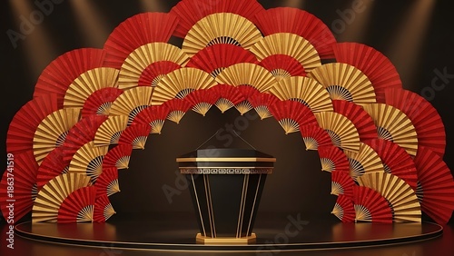 Elegant stage with red and gold fan decorations for event backdrop