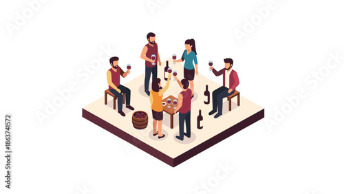 Isometric gathering of friends enjoying wine tasting event together