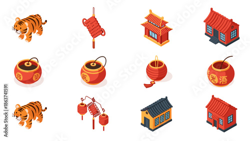 Isometric chinese new year icons featuring tigers, lanterns, and traditional buildings