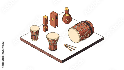 Isometric percussion instruments collection on display platform