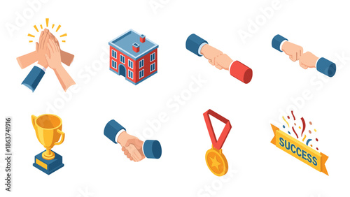 Isometric business symbols: high five, handshake, trophy, medal, success