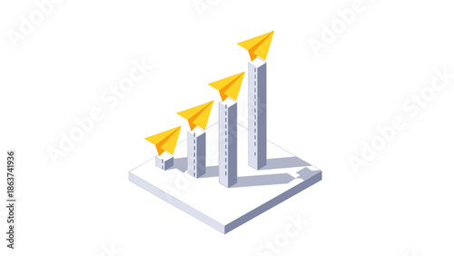 Isometric growth chart with paper airplanes: business progress and data visualization