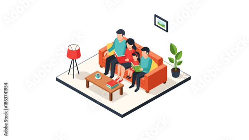 Isometric family time: parents and children reading together at home