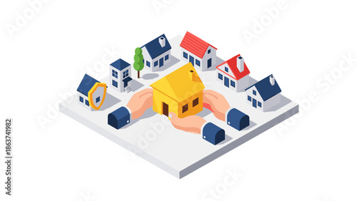 Isometric house community with protective hands and homes on white background