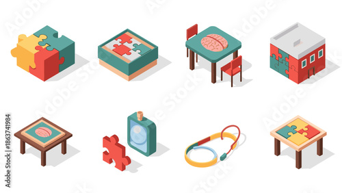 Isometric puzzle and brain-themed objects: creative educational concepts