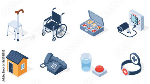 Isometric healthcare and medical equipment set with assistive devices