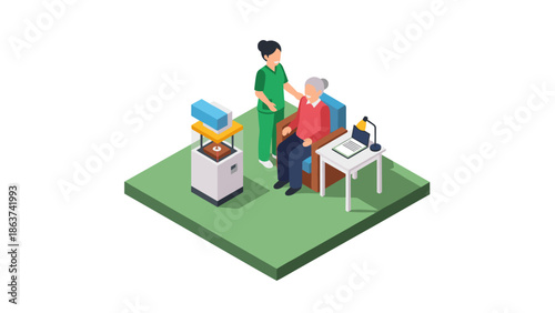 Healthcare professional assisting elderly patient in isometric medical room setting