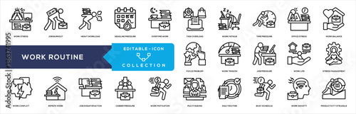Work Stress and Productivity Challenges in Modern Workplace Routines and Mental Health Line Icon Collection