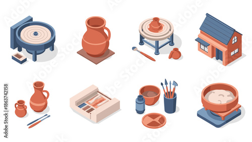 Isometric pottery workshop tools and equipment in earthy tones