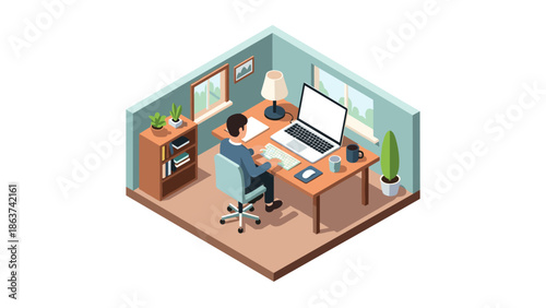 Modern isometric home office with man working at desk in minimalist interior
