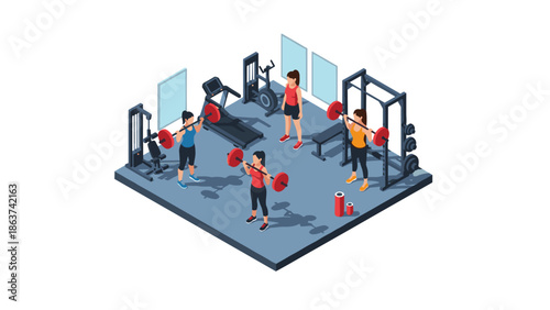 Isometric gym workout scene with people lifting weights and using equipment