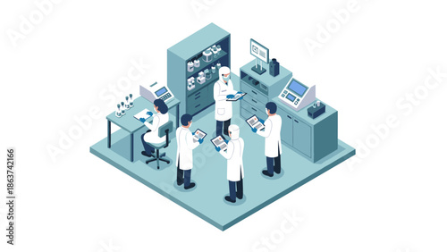 Scientists collaborating in isometric laboratory setting with advanced technology